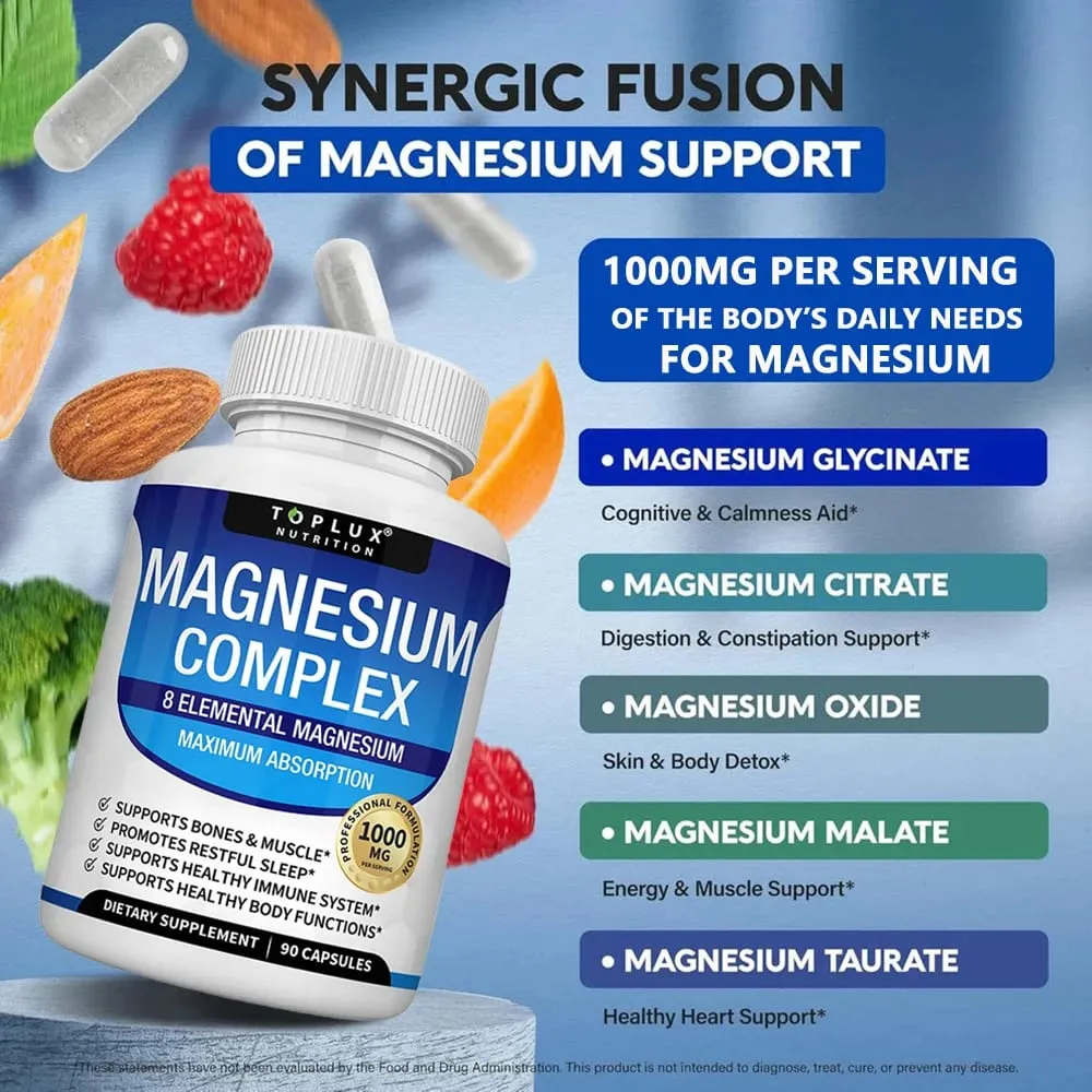 Magnesium Complex 1000mg 8 Elemental Magnesium Supplement with Glycinate Citrate Oxide Aspartate Orotate Malate Taurate High Abs