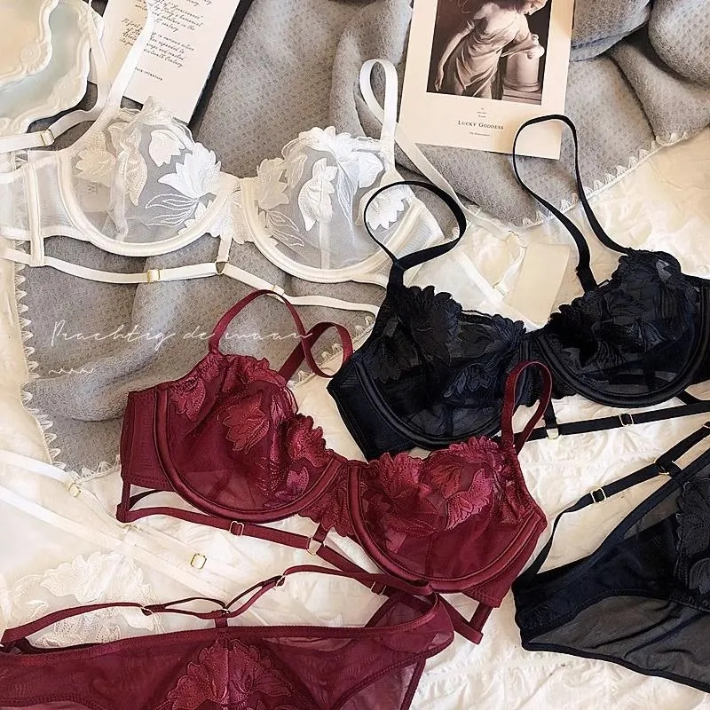 Sexy Lace Women Bra Push Up Underwear Brassiere and Panties Set Female Comfortable Lightweight Bow Semi Transparent Lingerie