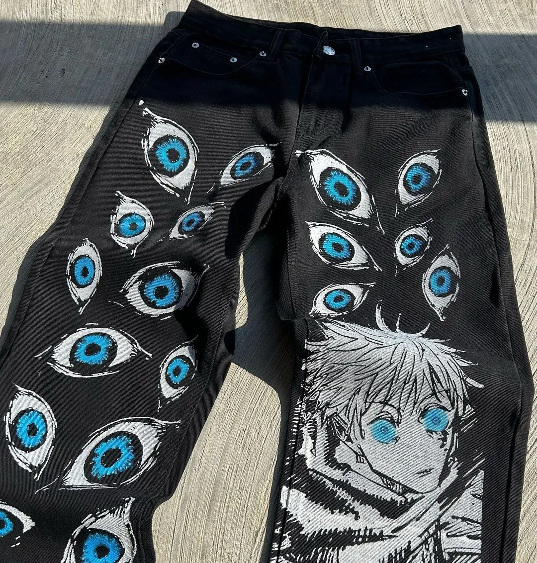 Streetwear Jeans Y2K Japonský Harajuku Hip Hop Grafický potisk Baggy Jeans Černé kalhoty Pánské gotické kalhoty s širokým pasem a širokým pasem