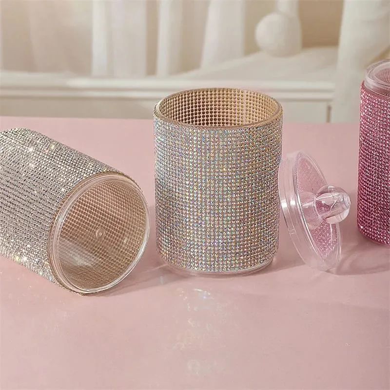 Luxury Diamond Cotton Swabs Storage Case Portable Makeup Cosmetic Organizer Dust-proof Jewelry Storage Container Makeup Tools