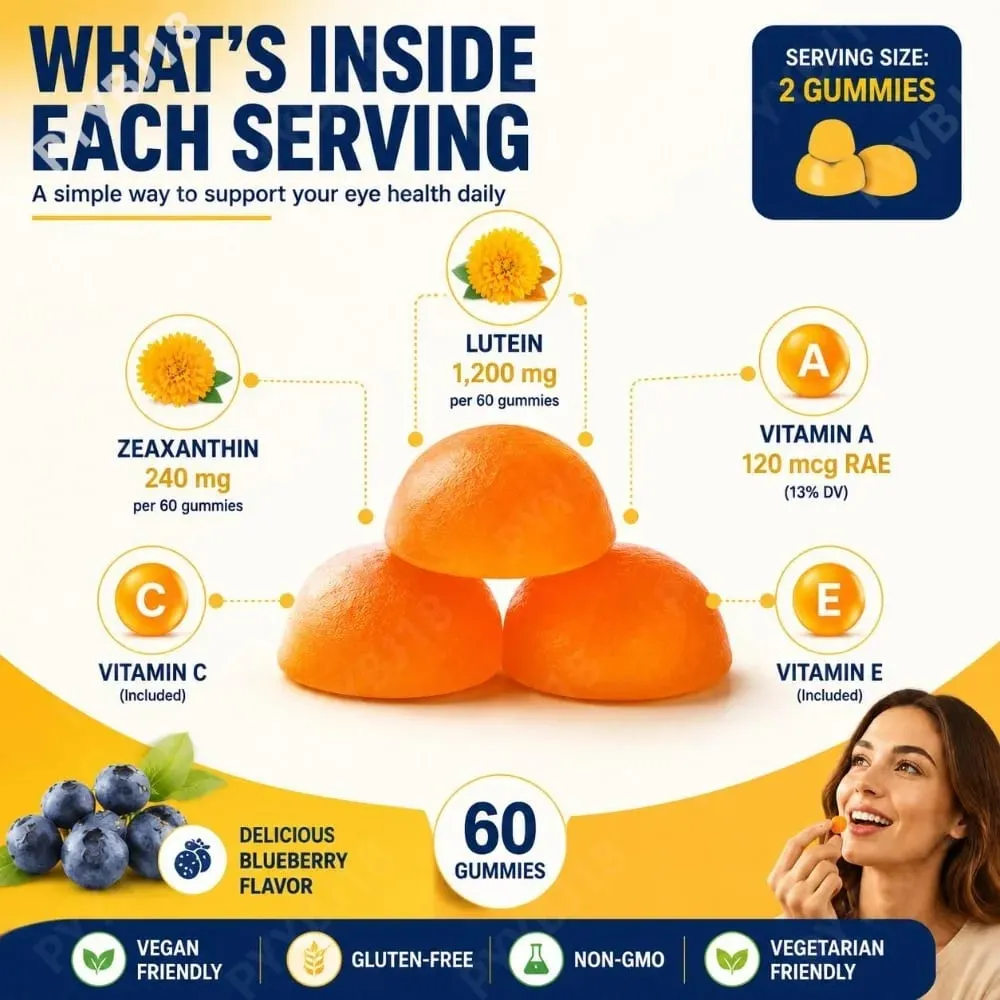Lutein Eye Health Gummies 40mg with Zeaxanthin Vitamin A C & E Visual Support Blue Light Support & Eye Comfort Vegan 60 Count