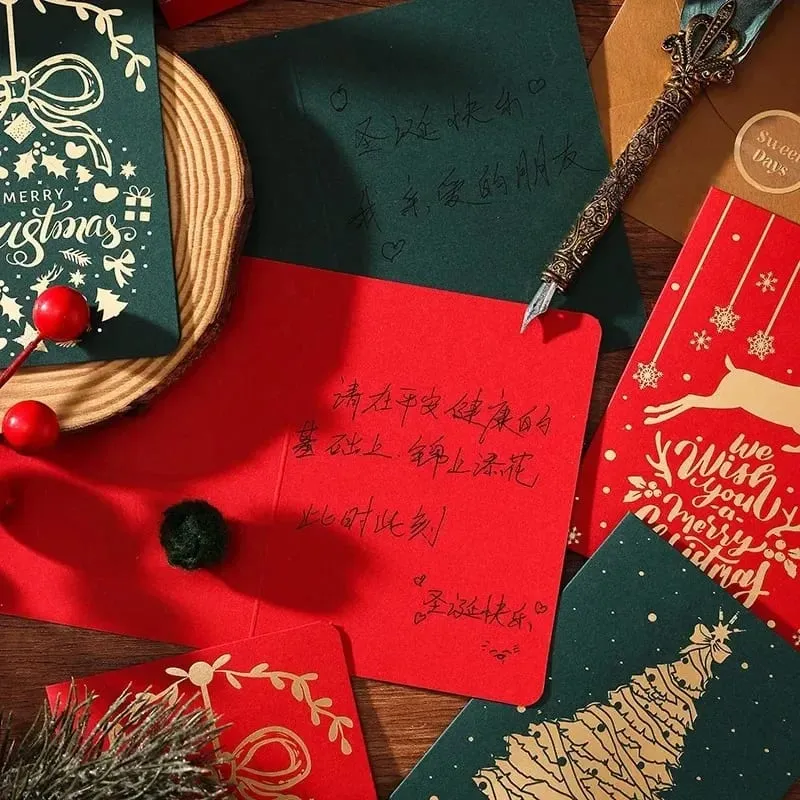 10Pcs Vintage Gold Foil Christmas Folding Greeting Cards Multi Pattern Blessing Holiday Cards New Year Postcard Gift Cards