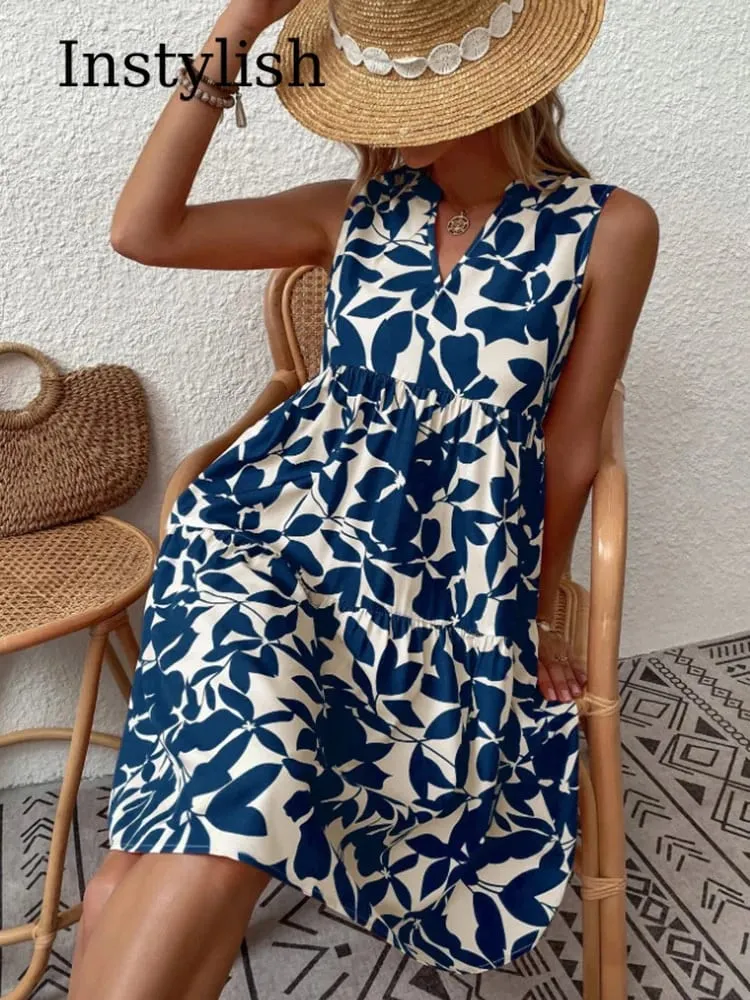 Gaun Mini Gambar Boho Wanita Gaun Tank A Line Ruffle Leher V Tanpa Lengan Elegan Musim Panas Gaun Sundress Pesta Pantai Ukuran Besar Longgar Kasual