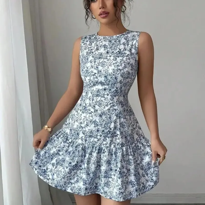 Spring/Summer Boho And French-Style Blue And White Floral Dress Sleeveless With A Round Neckline