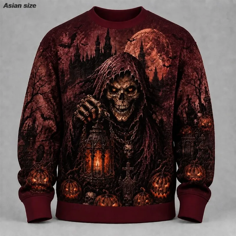Fleece Sweatshirts Halloween Men's Skulls Sweatshirt Punk Party Gothic Crew Neck Vacation Blue Dark orange Brown Green