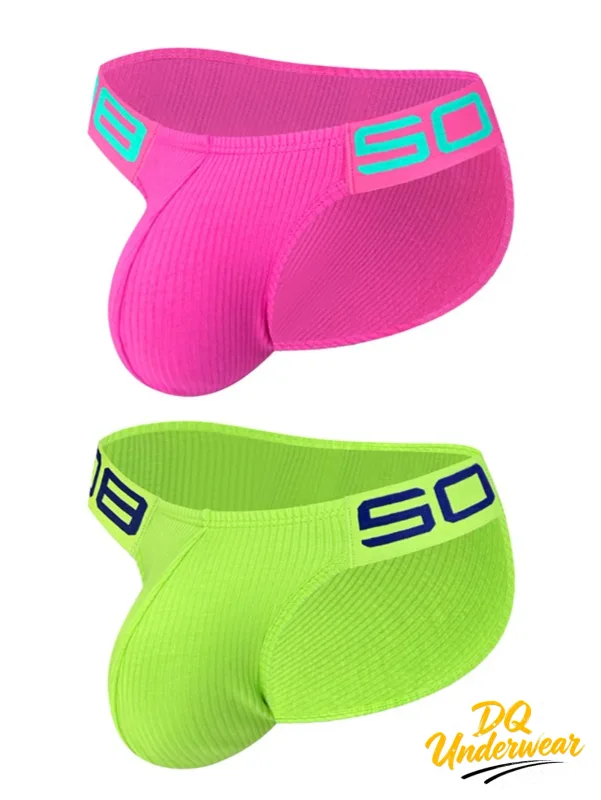 2PCS Ribbed Texture Male Triangle Underwear Letter Elastic Waist U Convex Pouch Briefs BS813