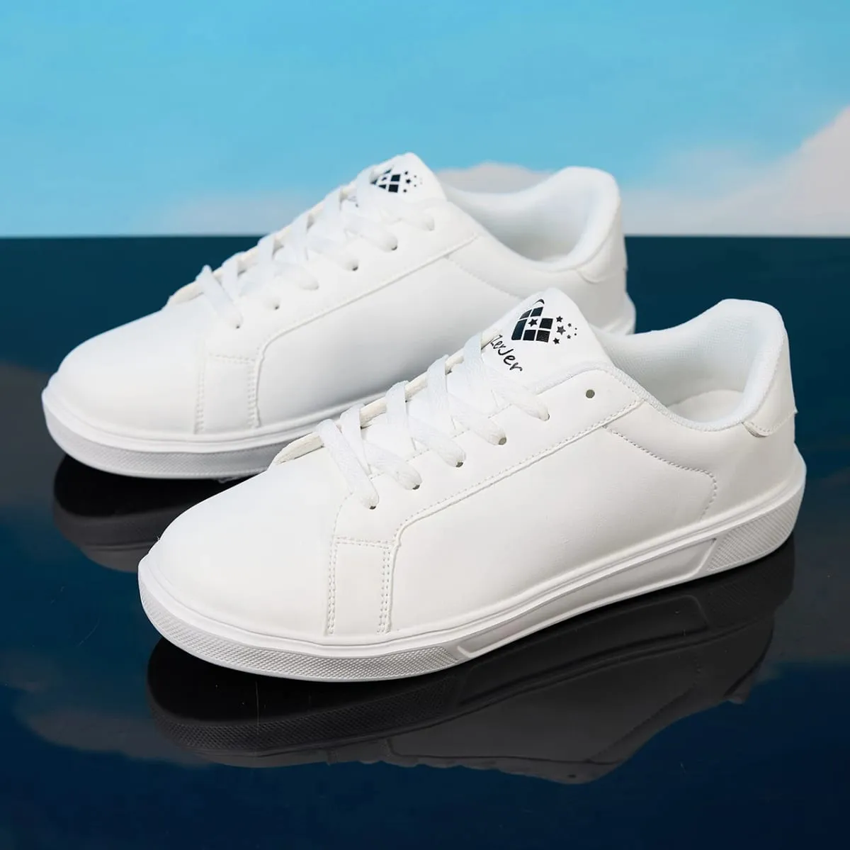 Men's White/Black Casual Leather Sneakers Low Top Lace-Up Skate Shoes Comfortable Walking Footwear