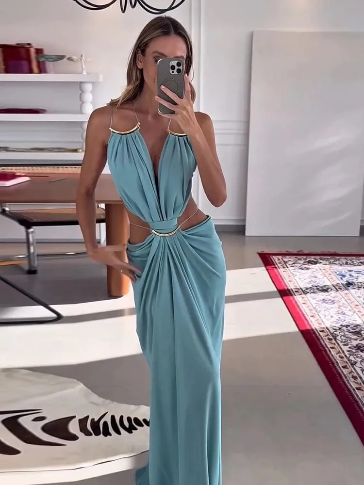 Sexy Women's Backless Dress Halter Sleeveless Waist Hollow Out Solid Female Dresses 2026 Summer Vacation Beach Fashion Lady Robe