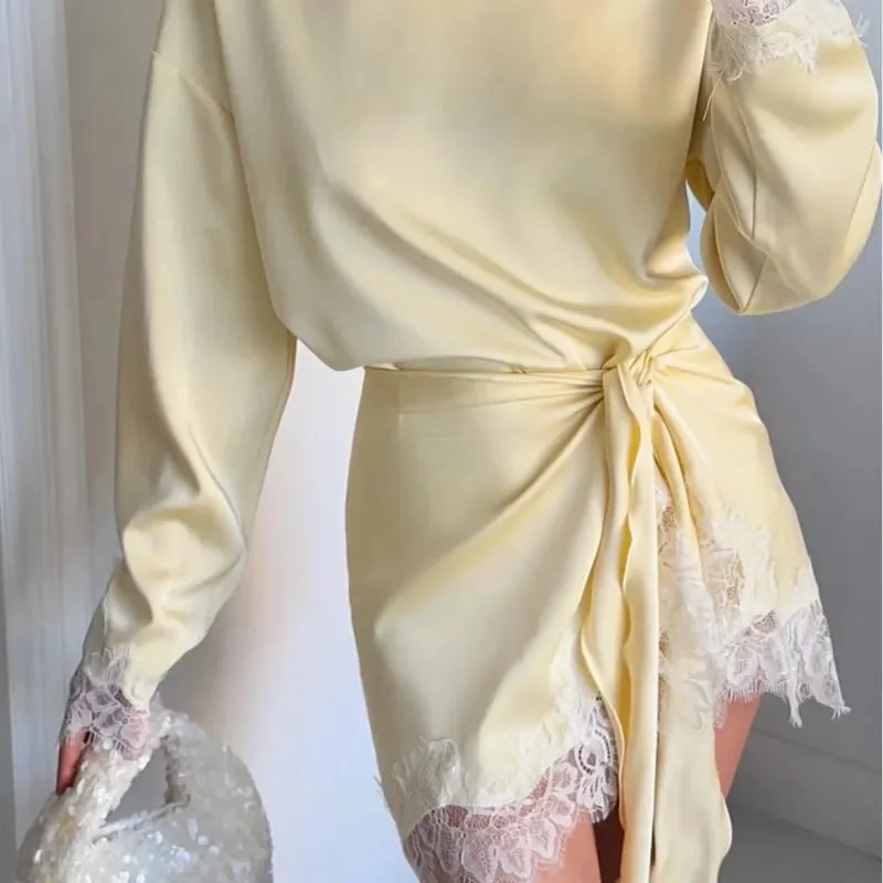 Elegant Women's Dress O-neck Full Sleeve Loose Solid Lace Hem Female Short Dresses 2026 Spring Summer New Sexy Fashion Lady Robe