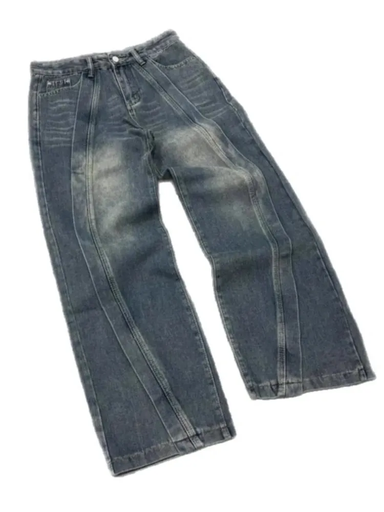 Calças de brim dos homens americano vintage streetwear azul escuro perna larga denim calças retalhos ponto contraste lavado solto ajuste retro moda