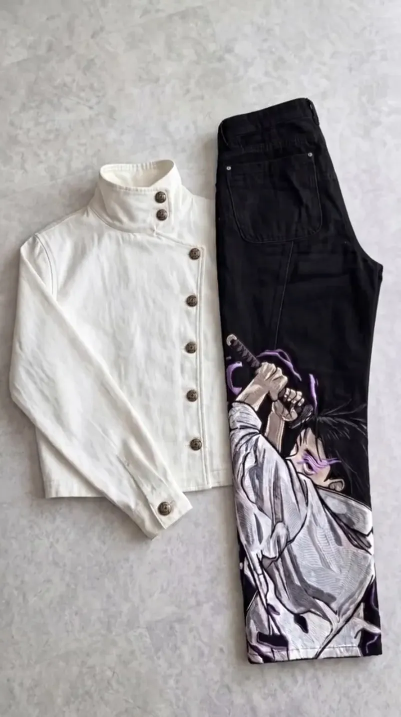 Men Y2K Anime Character Embroidered Jeans Streetwear Cargo Denim Pants Straight Leg High Waist Loose Rock Punk Unisex Jeans