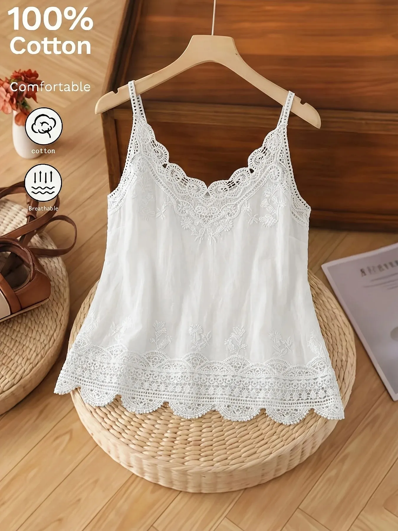 Stylish Women's Elegant Embroidered Lace Camisole Bohemian Casual Summer Holiday Ladies Tops