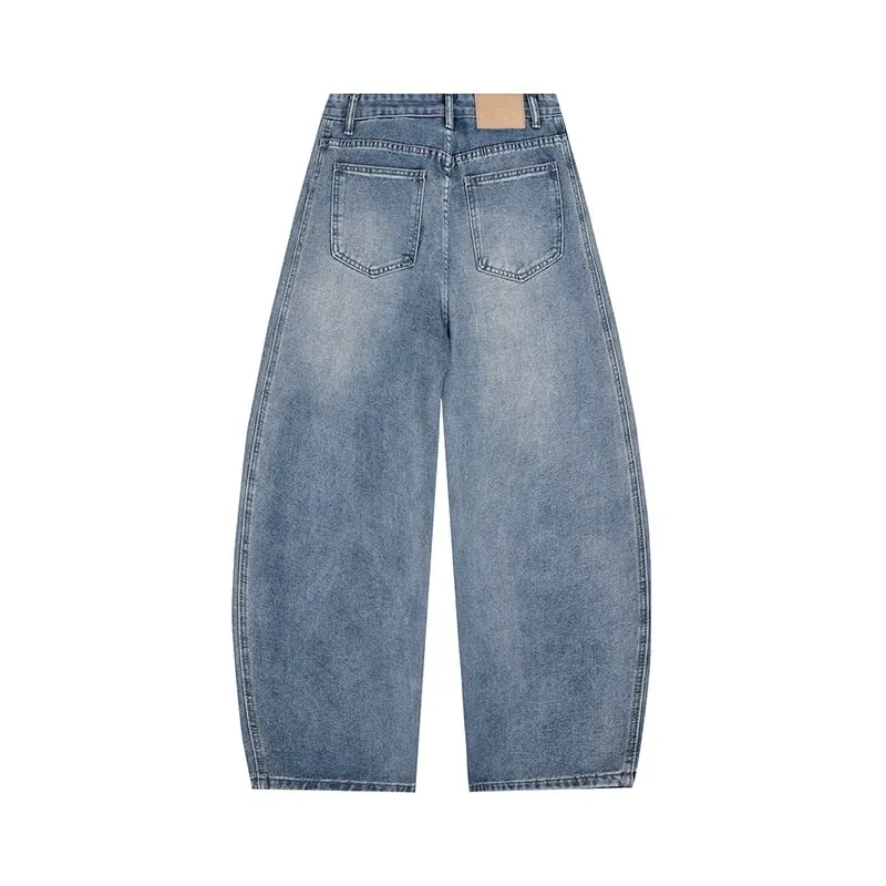 2026 Autumn Men Curved Seam Baggy Jeans Vintage Wash High Waist American Street Wide Leg Denim Pants