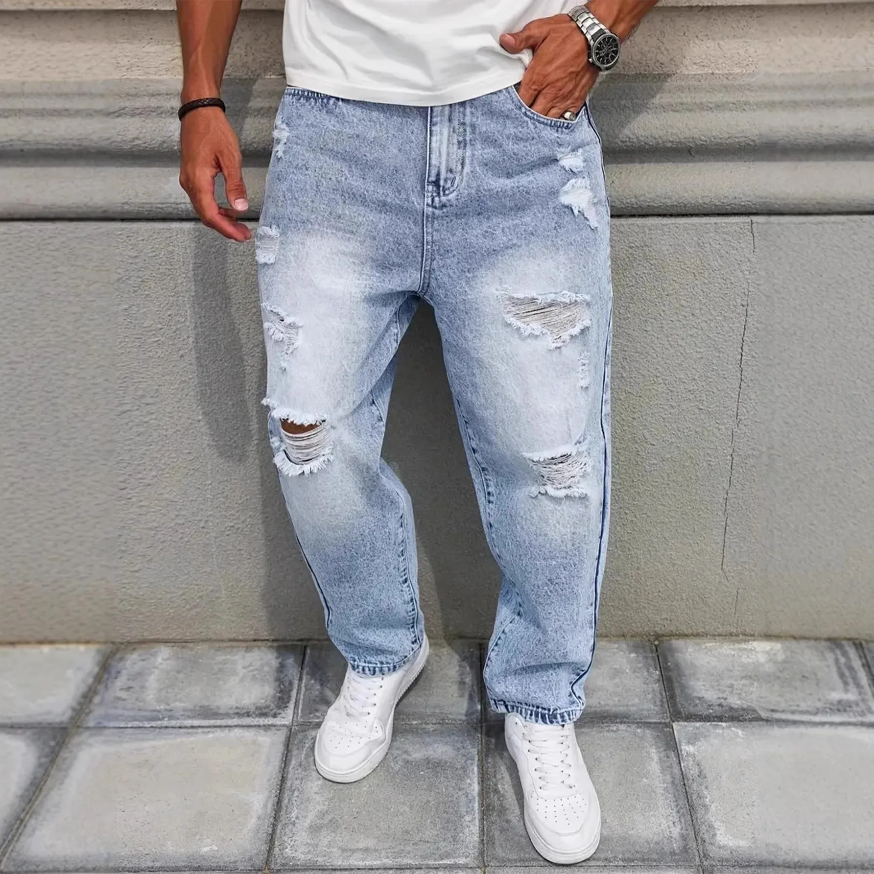 Light Blue Washed Ripped Frayed Denim Jeans For Men Non Stretch Straight Leg Loose Baggy Distressed Pants Vintage Y2K Hip Hop Da