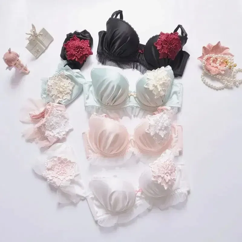 Sweet Floral Embroidered Push Up Bra Set for Women Large Size A-E Cup Fresh Thin Underwear & Panty Lingerie