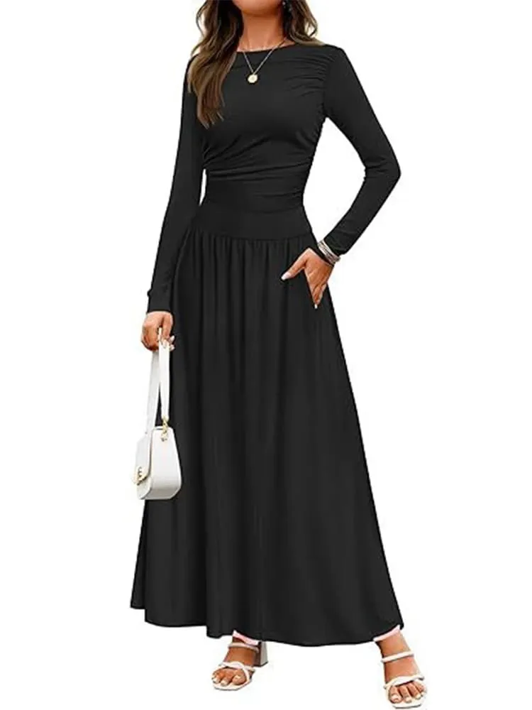 Autumn New Arrivals Women Long Sleeve Maxi Dress Comfortable Fit Ruched Detail Multi Color for Casual Everyday Wear