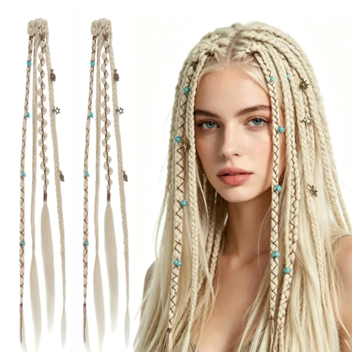 Clip in Braided Hair Extensions for Women Boho Dreadlock Clip in Braids with Beads 2pcs Handmade Synthetic Braided Hairpieces