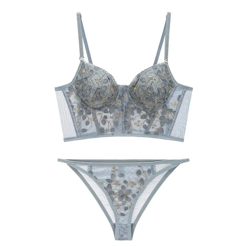 Sulaman Baru Renda Bunga Seluar Dalam Wanita Perancis Seluar Dalam Keluli Getah Tulang Tekan Bra Bralette Seksi Lingerie Comel Membentuk Badan Seksi