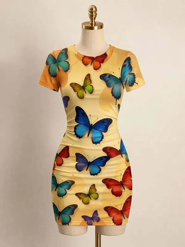 Kortærmet Dame Bodycon Minikjole Slim Fit Rundhals Blomsterprint Afslappet sommerfest Let flatterende festsolkjole