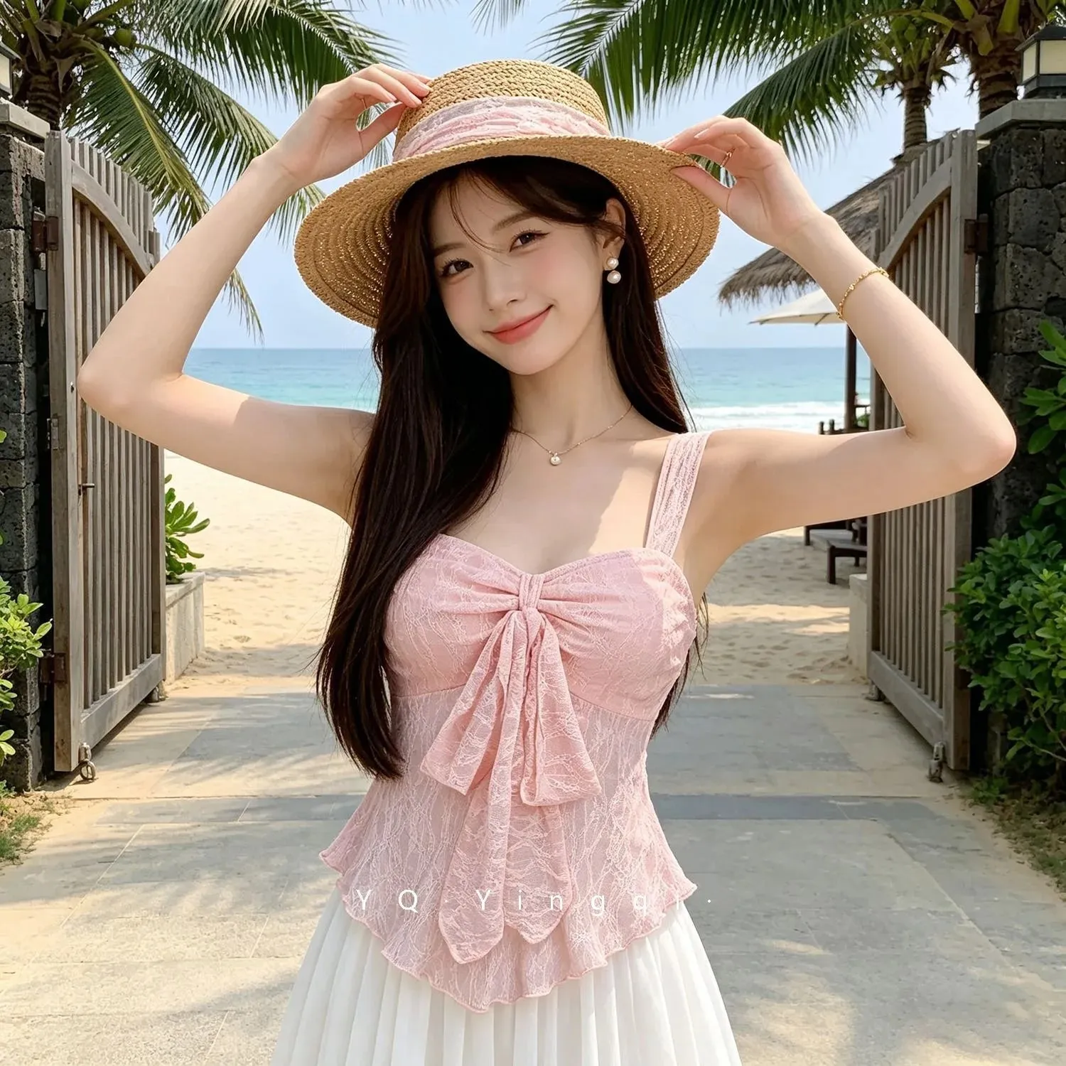 French soft pure aesthetic women cropped camisole solid lace jacquard fabric bow ornament waist cinched versatile sleeveless inn