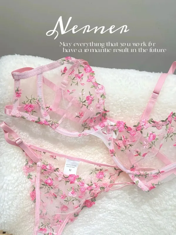 Transparent Floral Lace Embroidery Bra Set Summer Thin Minimizer Underwear Soft Breathable Full Bust Female Home Daily Wear S-XL