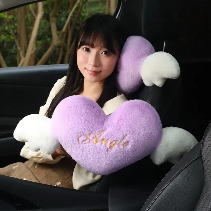 28x58cm 2Pcs Cute Heart‑Shaped Car Headrest Pillow With Angel Wings Soft Plush Auto Neck Support Cushion Car Seat Head Pillow