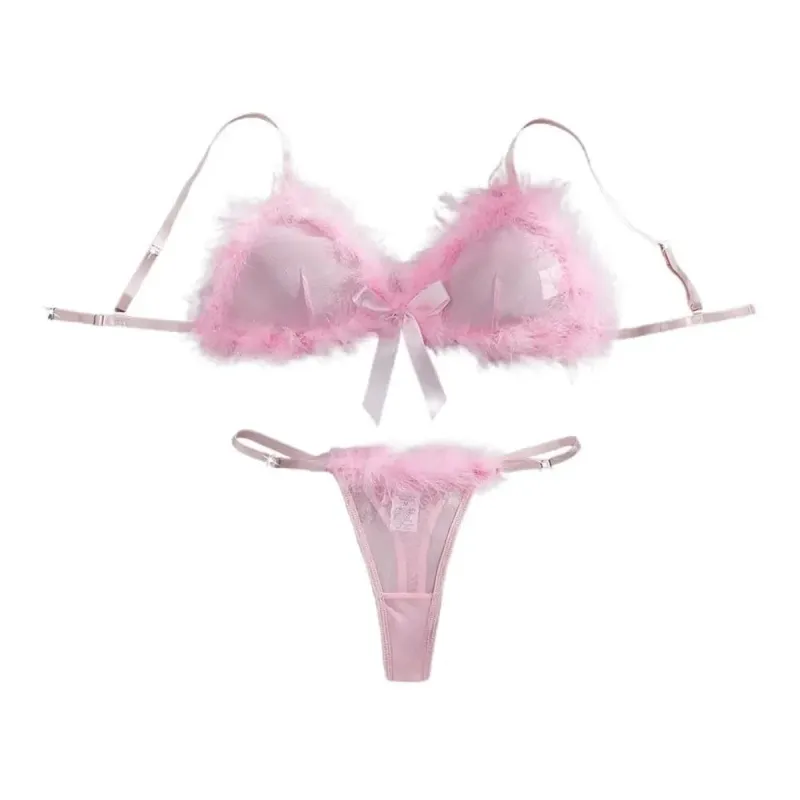 Christmas Furry Women's Underwear Mesh Transparent Bow Decor Lingerie Set Romantic Intimate Wireless Bra Panties Suit Christmas