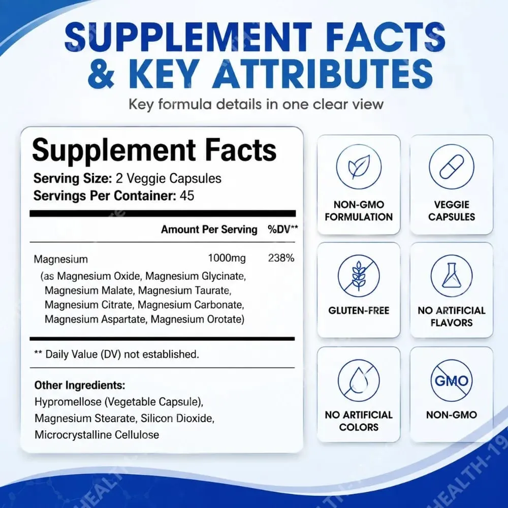 Magnesium Complex Capsules 8 Forms 1000mg Oxide Glycinate Malate For Sleep Bone Muscle & Wellness Support Adult 90 Count