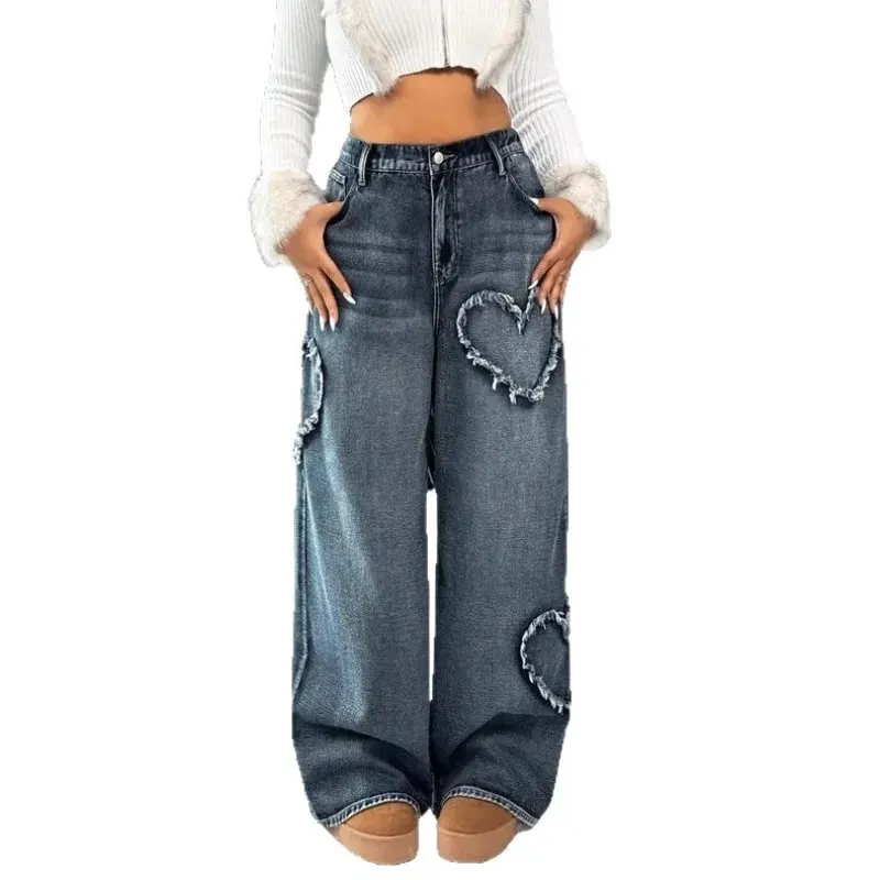Amerikanische Retro Jeans mit ausgefransten Kanten und Patchwork, stark gewaschen, Unisex, Streetwear, locker, gerade, weit geschnittene Hose 21095