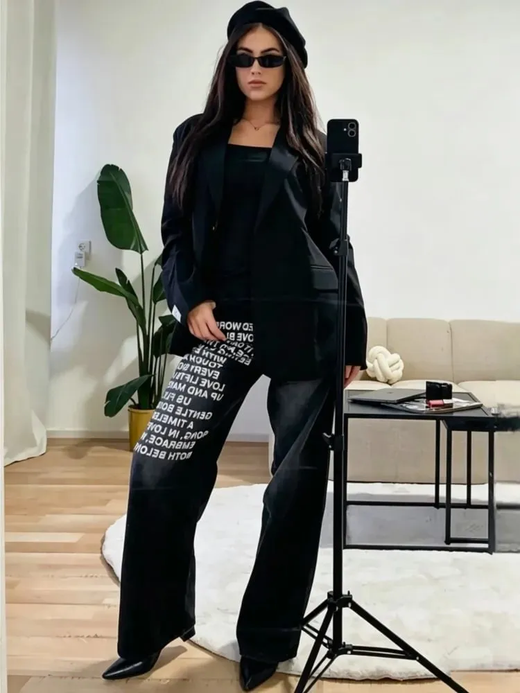 American Retro Men Alphabet Patterned Letter Jeans High Street Clothing Y2K Goth Women Unisex Baggy Casual Wide Leg Mopping Pant