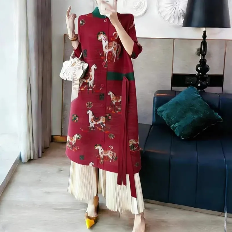 Miyake Pleated Dresses 2026 European New Printed Long Sleeve Single-Breasted Cardigan Jacket Stretch Plus Size Women's Clothing
