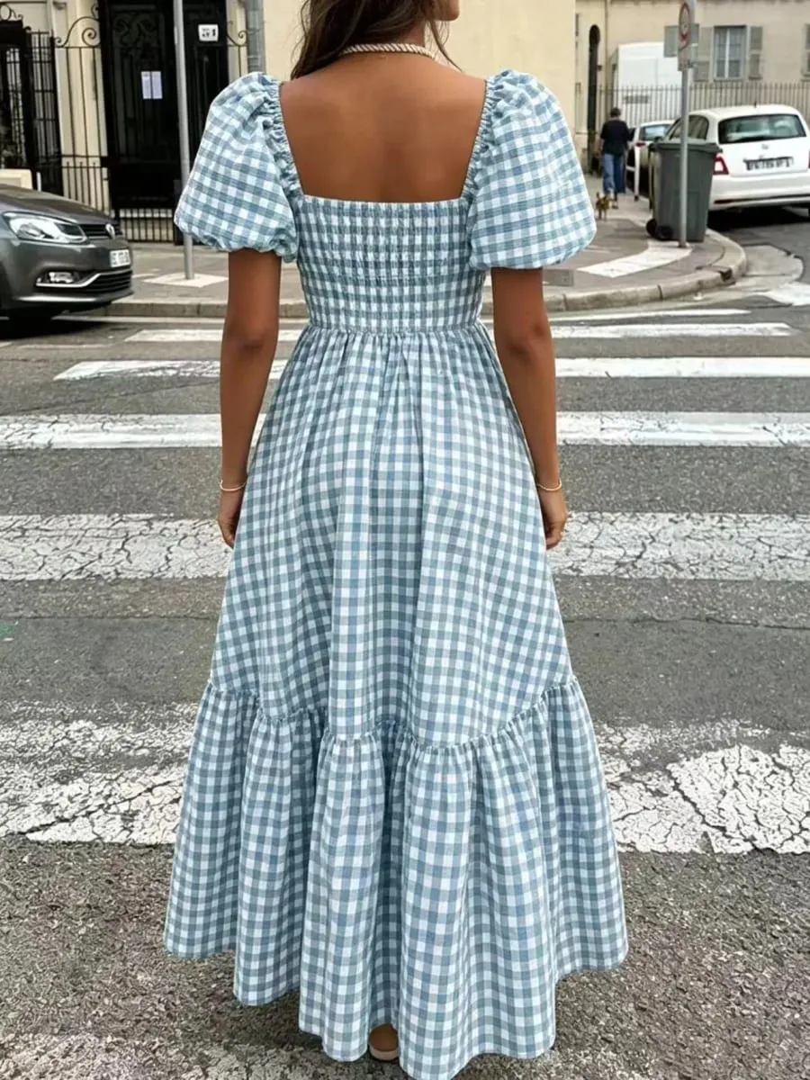 Women's Gingham Maxi Dress Square Neck Puff Sleeve Tiered Ruffle Hem Smocked Waist Casual Long Dress