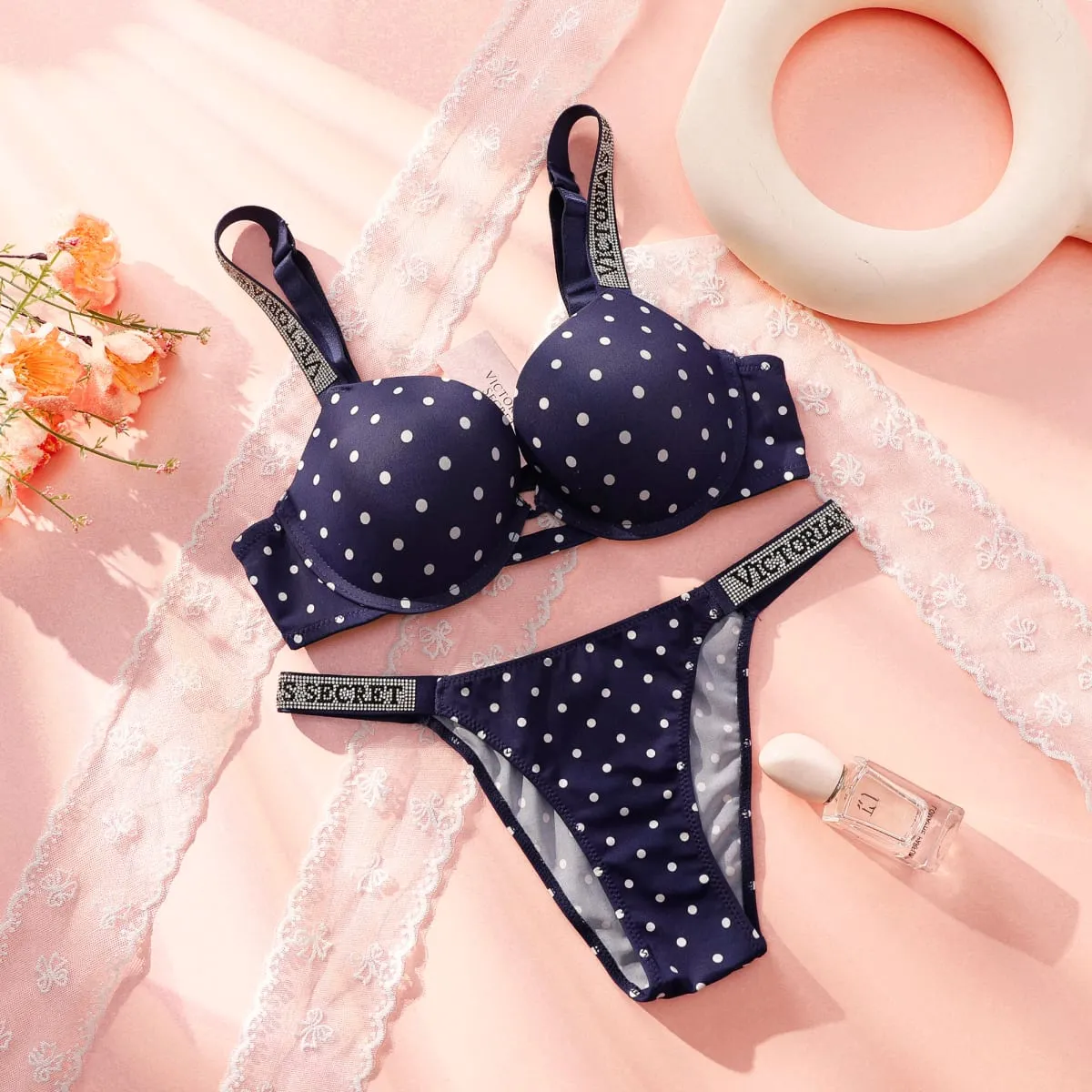 Victoria Secret Sexy Lingerie Set Very Sexy Shine Script Polka Dot Push Up Bra Shine Script Thong Panty Women Hot