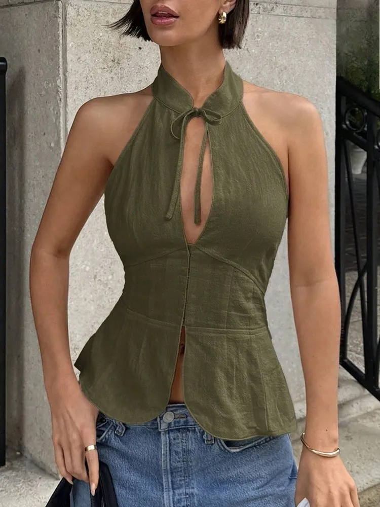 Woman Halter Neck Backless Fitted Crop Top Sleeveless Summer Street Stand Collar Slim Solid Color Tie Front Waist Fitted Top