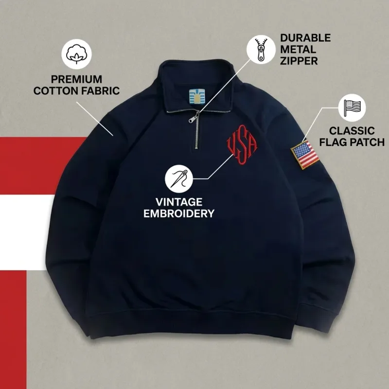 Hot Sell American Flag Embroider Hoodies Quarter Zip Sweatshirts Men Y2k Casual Sweater Pullover Patch Sleeve Streetwear