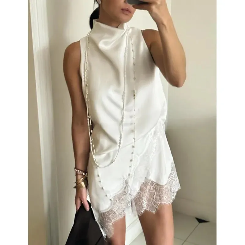 Women's Satin High Neck Lace Trim Sleeveless Tanks Summer Fashion Casual Irregular Silhouette Delicate Solid Color Tops