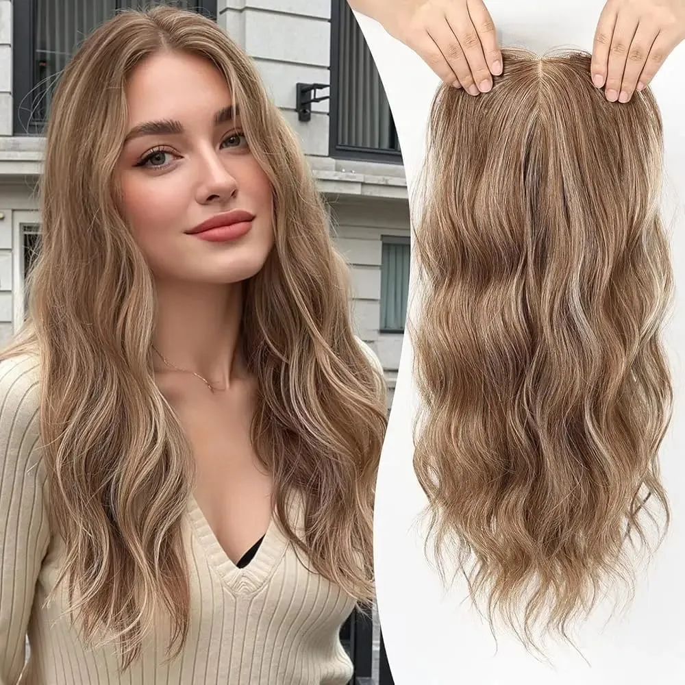 20in Wavy Hair Toppers Long Brown Mixed Blonde Premium Synthetic Hairpieces with 6*6 Large Base Lace Clip In Hair for Women