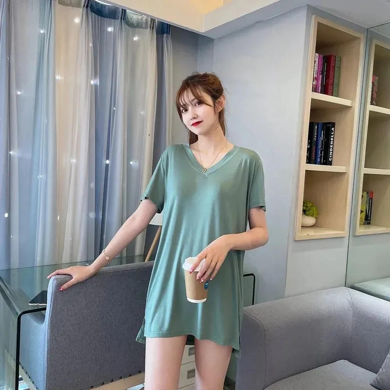 Loose Modal Short Sleeve V-Neck Midi Dress Thin Home Clothes Sleepwear Women's Base Skirt Comfortable plus Size Casual Style