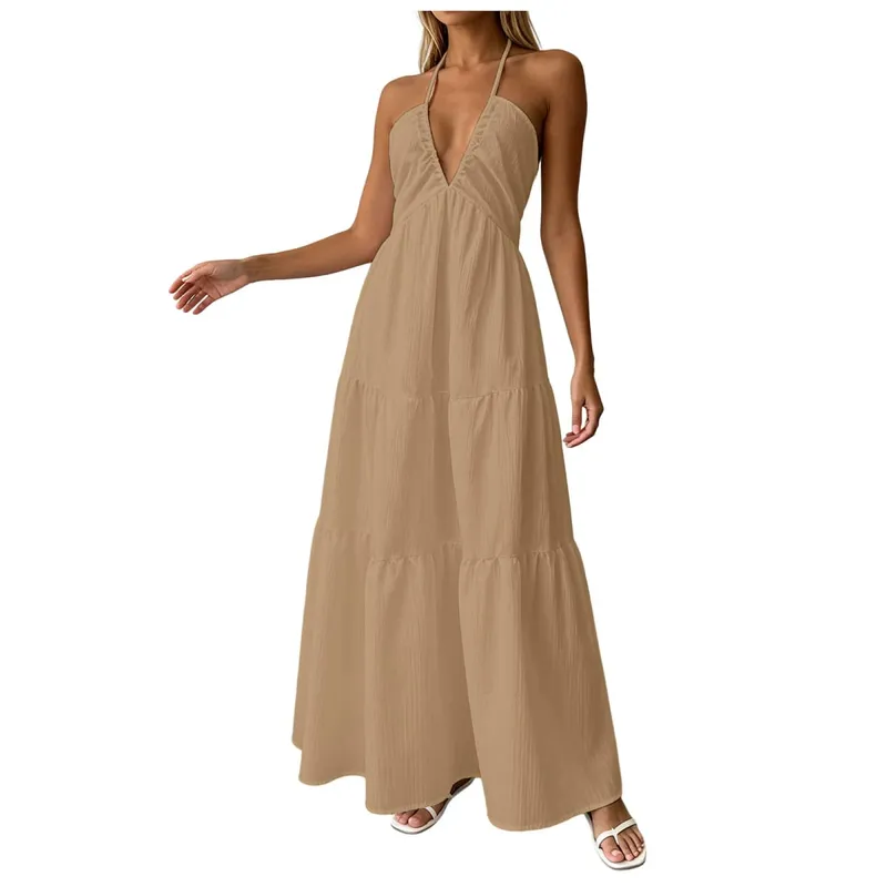 Summer Halter Neck Women's Dress Elegant Chic Wedding Party Beach Dress Backless Flowy Vacation Boho Sling Long Dresses Women