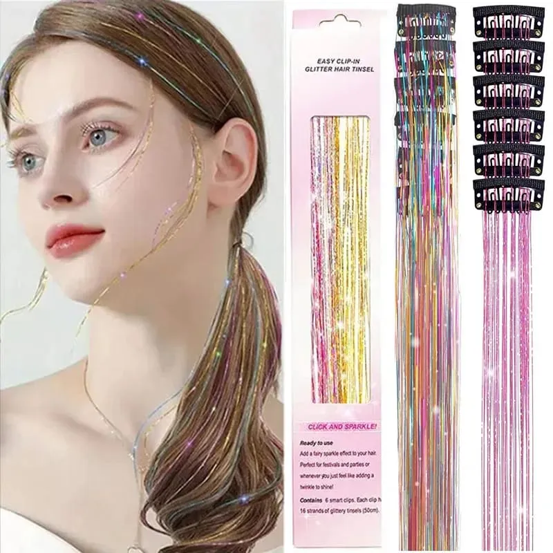 6Pcs Hair Tinsel Clip in Hair Extensions 20 Inch Synthetic Colorful Shiny Sparkle Glitter Tinsel Hair for Women Girls Cosplay
