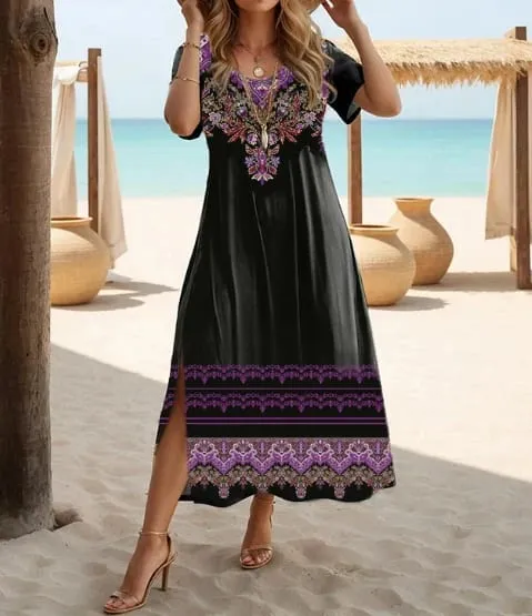 Vestido étnico boêmio com estampa floral casual férias de manga curta tamanho grande