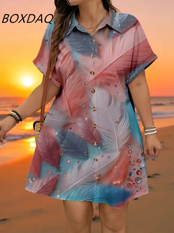Short Sleeve Flower Pattern Fashion Women Mini Dresses Summer 3D Printed Street Elegant Casual Ladies Shirt Dress Plus Size 3XL