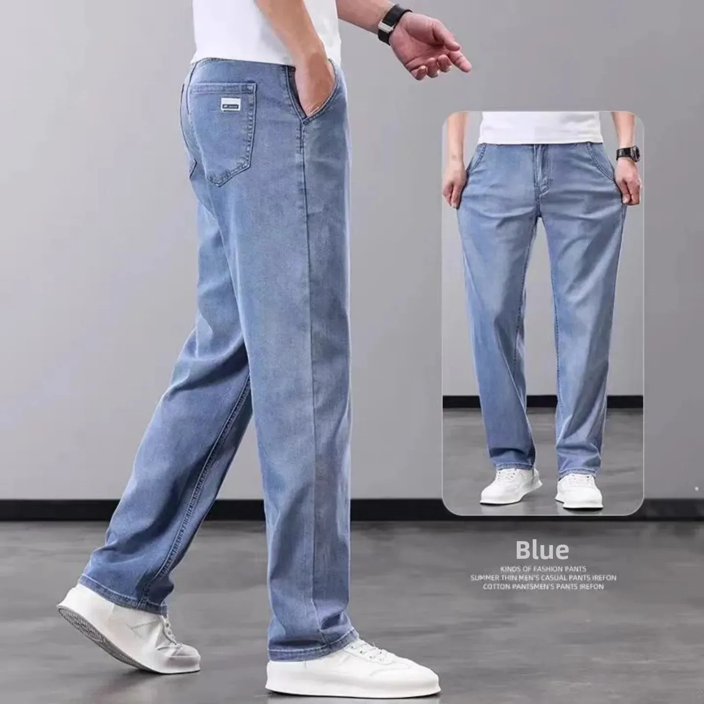 Summer Thin Wide Leg Pants Loose Fit Casual Ice Silk Jeans Men's Breathable Straight Cut Long Trousers Business Gentleman Style