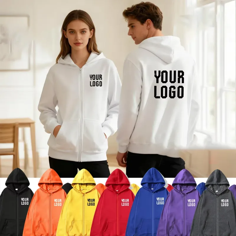 Solid Color Zipper Hoodie | Customizable Text Pattern Jacket | Unisex Team Customization