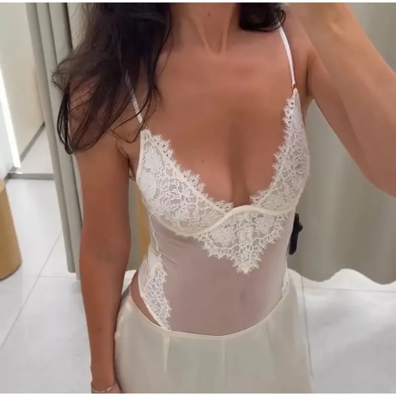 Lace Splice Sheer Bodysuit V Neck Spaghetti Strap Fitted 2026 Summer Women Club Fashion Outfit Party Trendy Slim Lingerie
