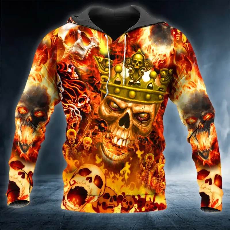 Men Hoodies 3D Print Horror Flaming Skull Graphic Fashion New Style Casual Pullover Personality Oversize Men Clothing Tops