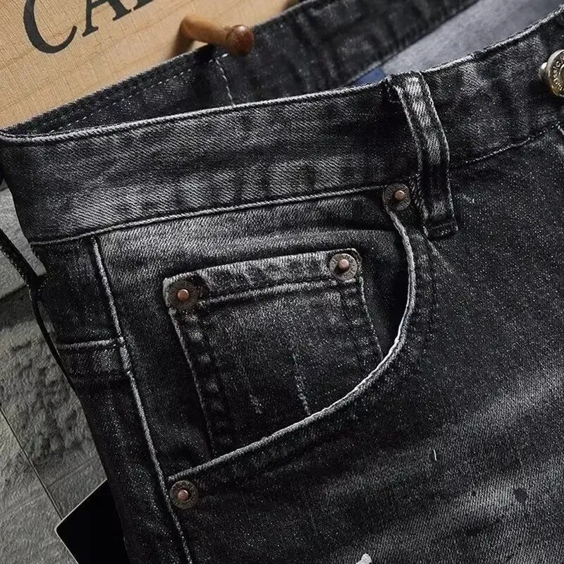 2025 Denim Shorts Men's Summer Trend Brand Printed Embroidered Trend Slim-Fit Casual Elastic Black Trousers Man Jeans Pants