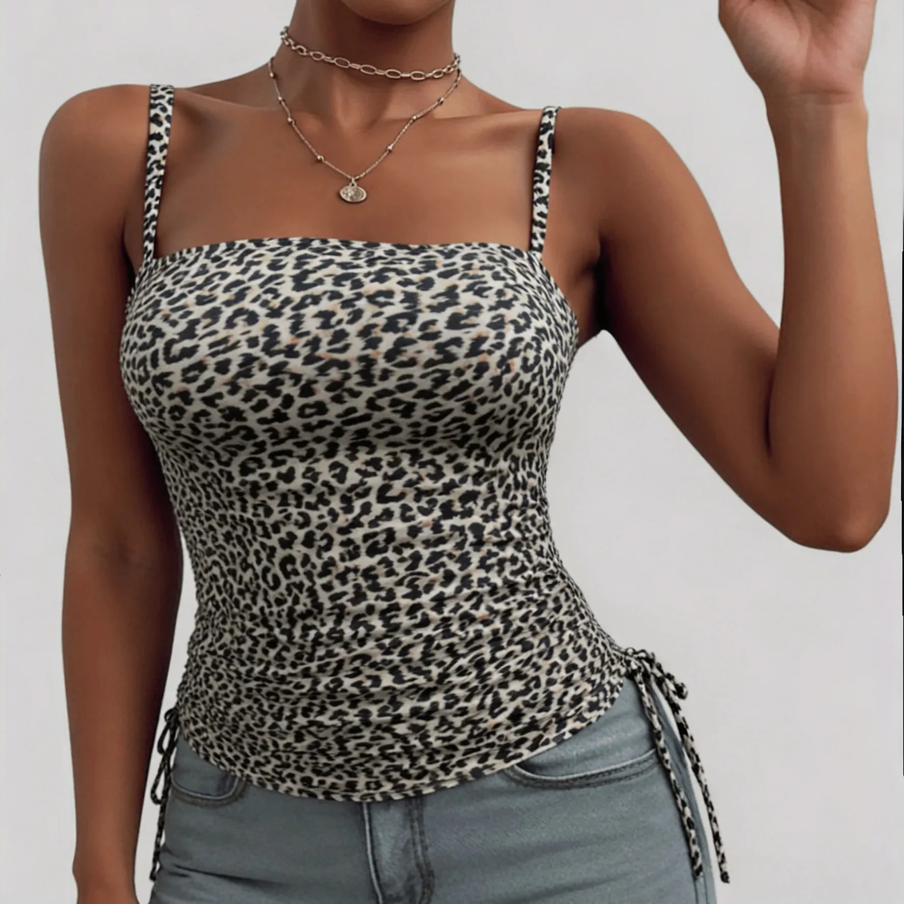 Spring Summer Women Fashion Sexy Leopard Print V Neck Sleeveless Tank Top Street Trend Camisole For Ladies Casual Wear