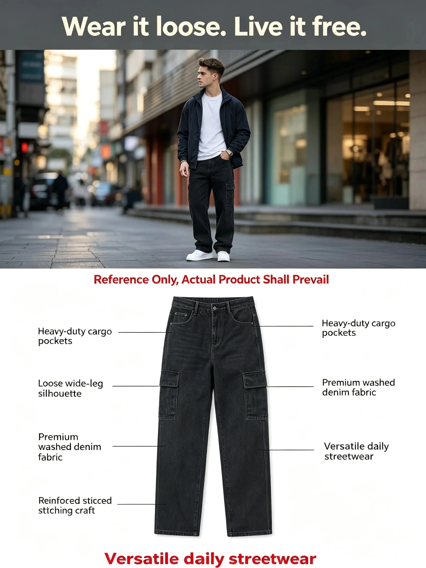 Men Baggy Cargo Jeans Retro Army Style Loose Fit Multi‑Pocket Denim Trousers Men's Casual Daily Outdoor Street Work Pants