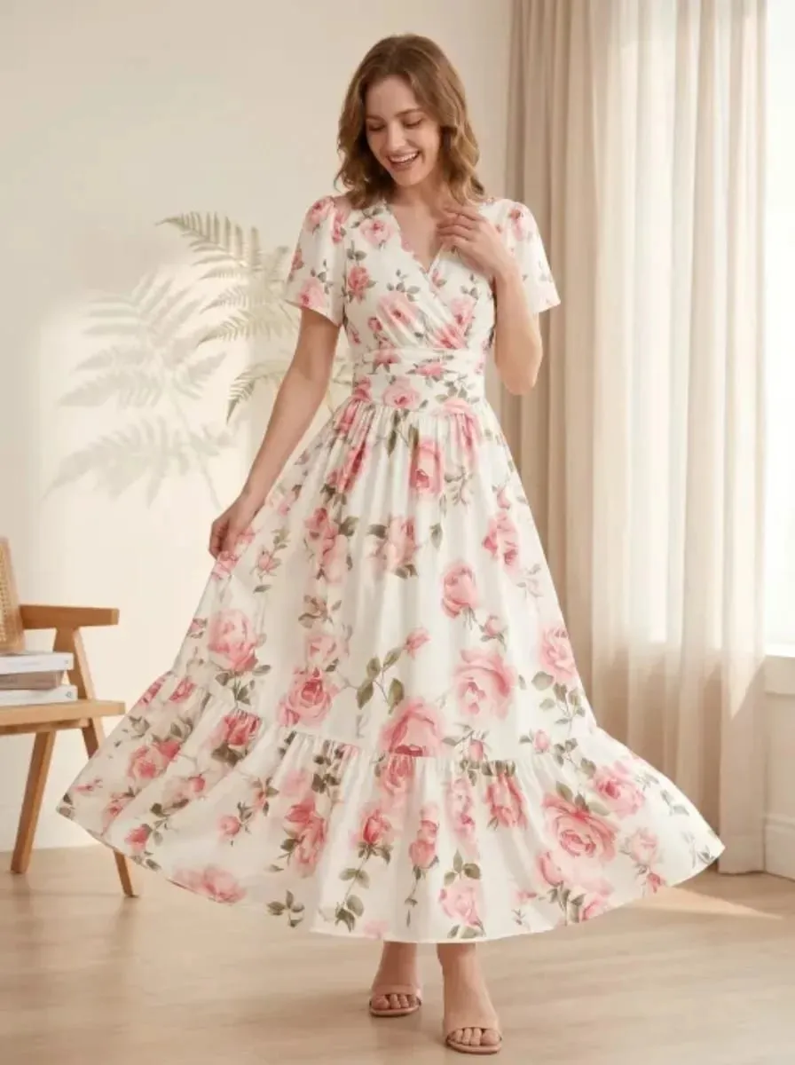 Elegant V-Neck A-Line Long Dress Soft Rose Print Summer Vacation Gown Women's Casual Maxi Skirt